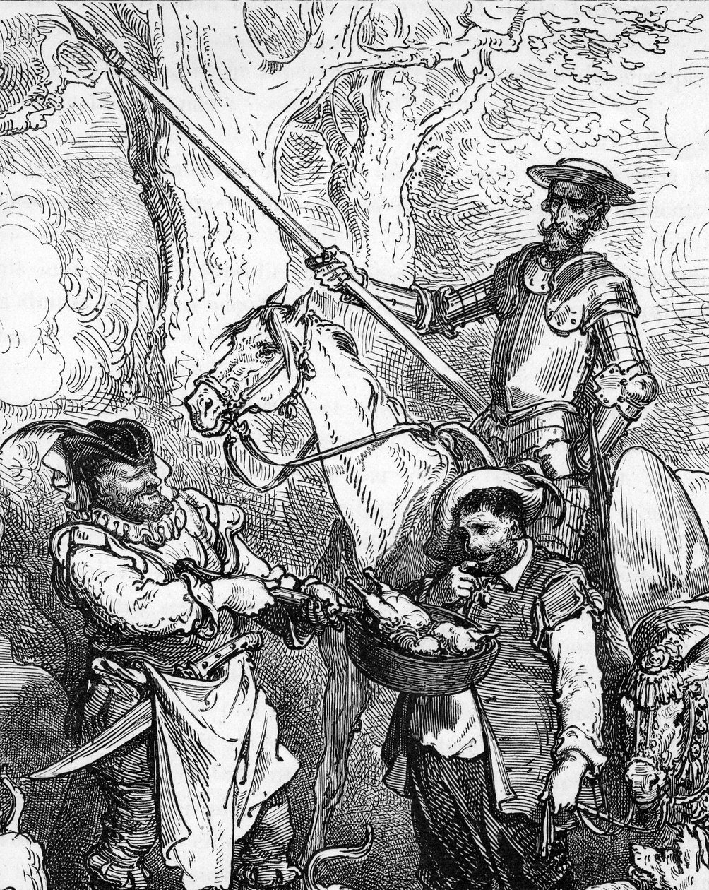 Don Chisciotte lancia a mano e cavalca il suo cavallo Ronzinante pronto per l