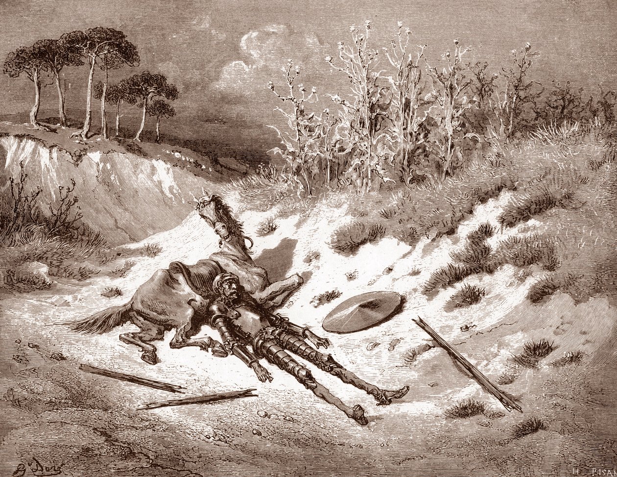 Don Chisciotte dopo la sua battaglia, chiama la sua dama ideale Dulcinea del Toboso. Incisione di Gustave Doré per 
