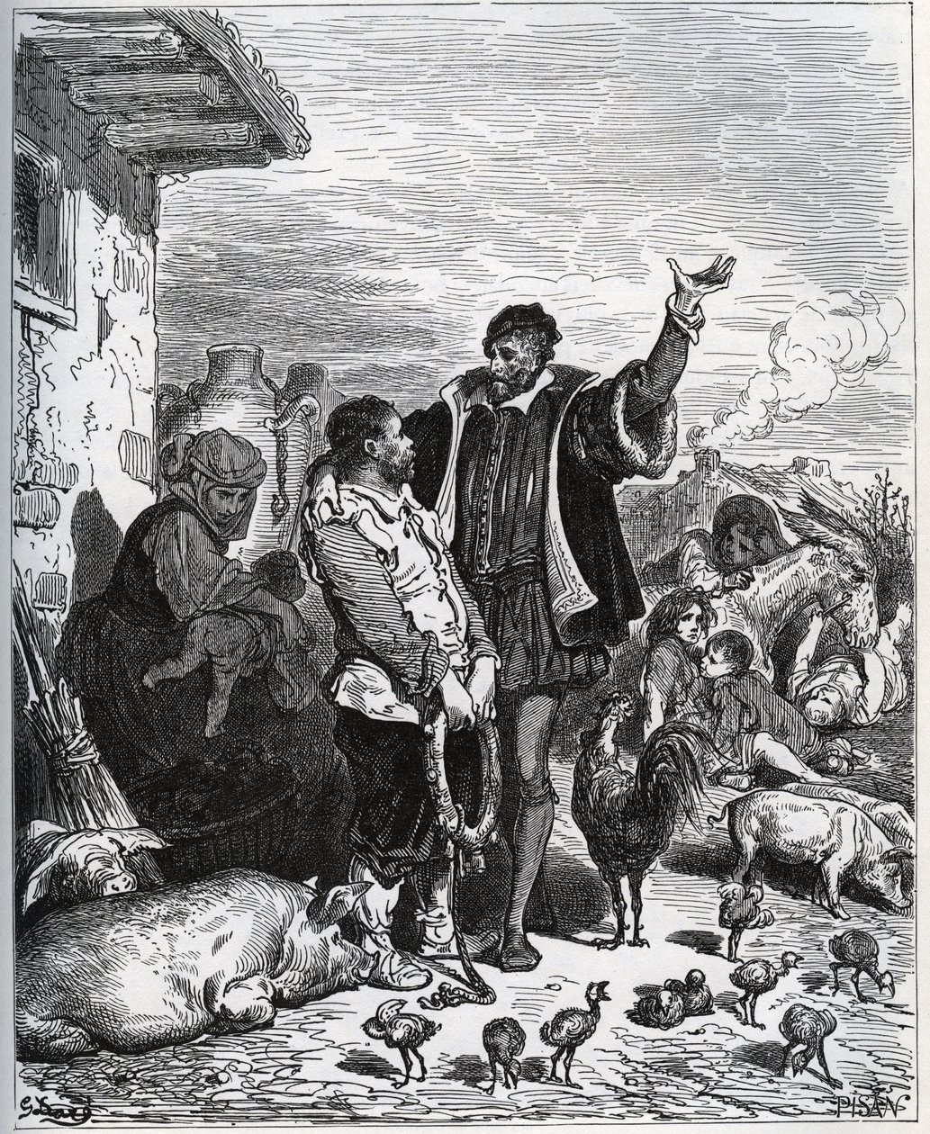 Don Chisciotte convince il suo vicino Sancho Panza a essere il suo scudiero - da "Don Chisciotte della Mancia" di Miguel Cervantes da Gustave Dore