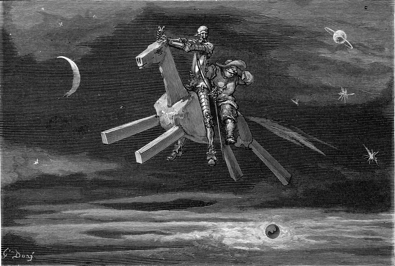 Don Chisciotte e Sancho Panza nel cielo, tra la luna e le stelle, cavalcando il cavallo di legno Clavilegne. Incisione di Gustave Doré che illustra l