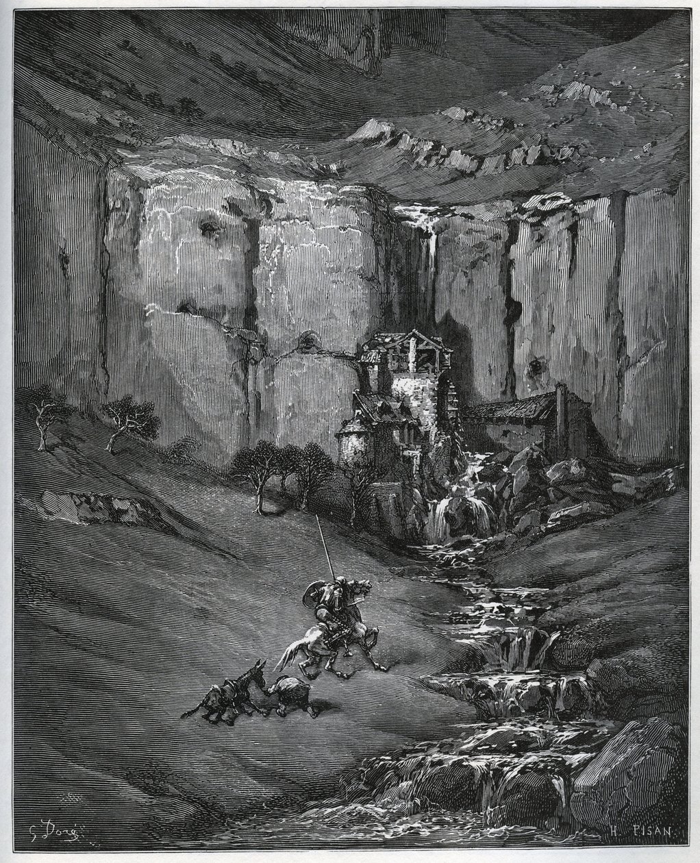 Don Chisciotte e Sancho Panza scoprono cosa ha causato la loro preoccupazione, una cascata e un mulino a foulon - da 
