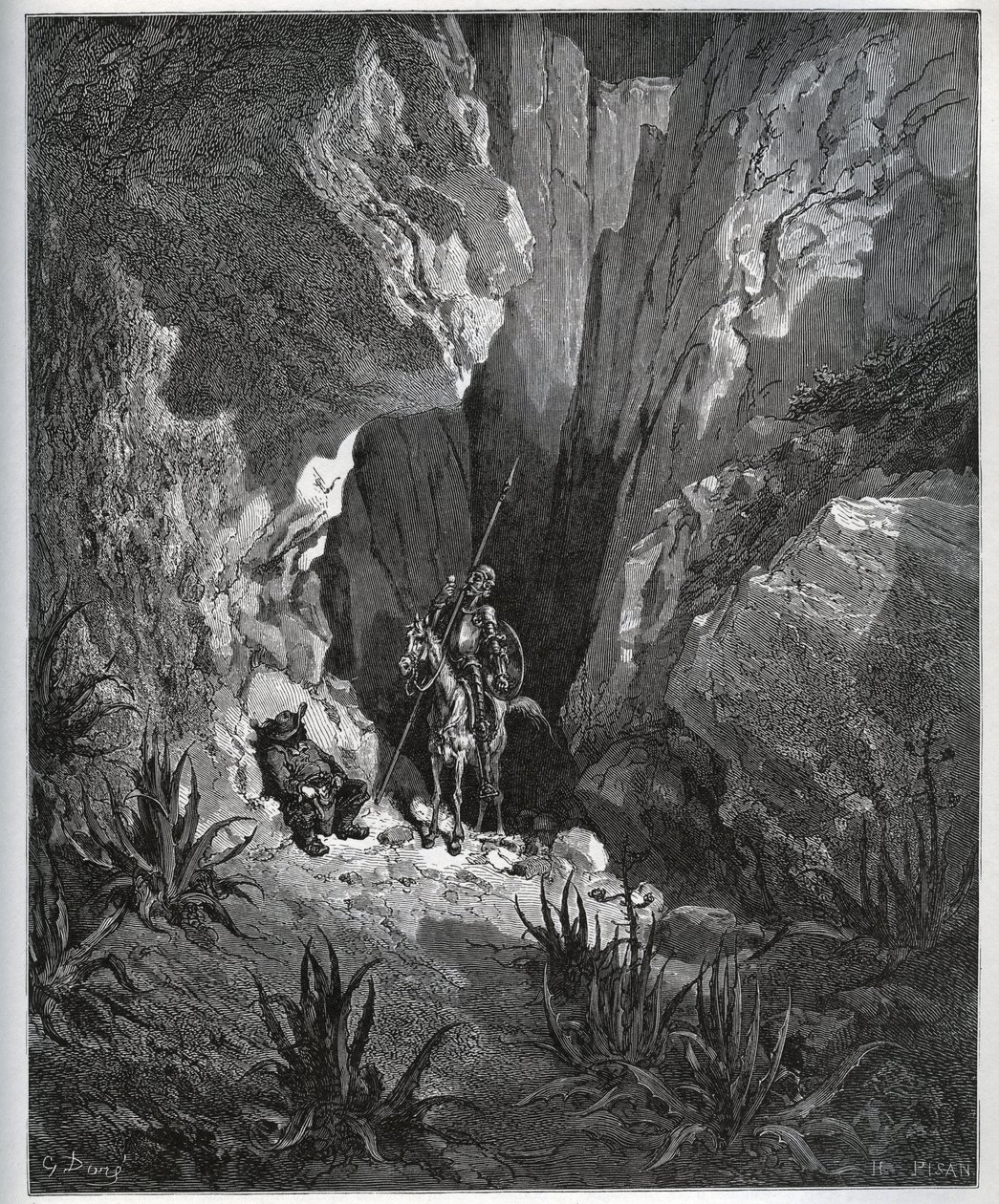 Don Chisciotte e Sancho Panza trovano le cose di un viaggiatore - da Don Chisciotte della Mancia di Miguel Cervantes (1547-1616) - xilografia su disegno di Gustave Doré da Gustave Dore
