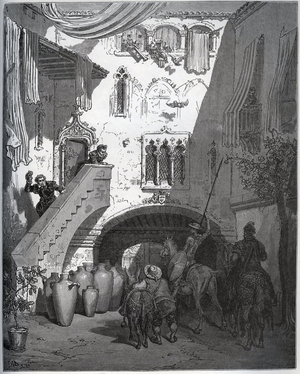 Don Chisciotte e Sancho Panza, invitati da Don Diego de Miranda a casa sua, sono accolti dalla moglie e dal figlio del gentiluomo - da 