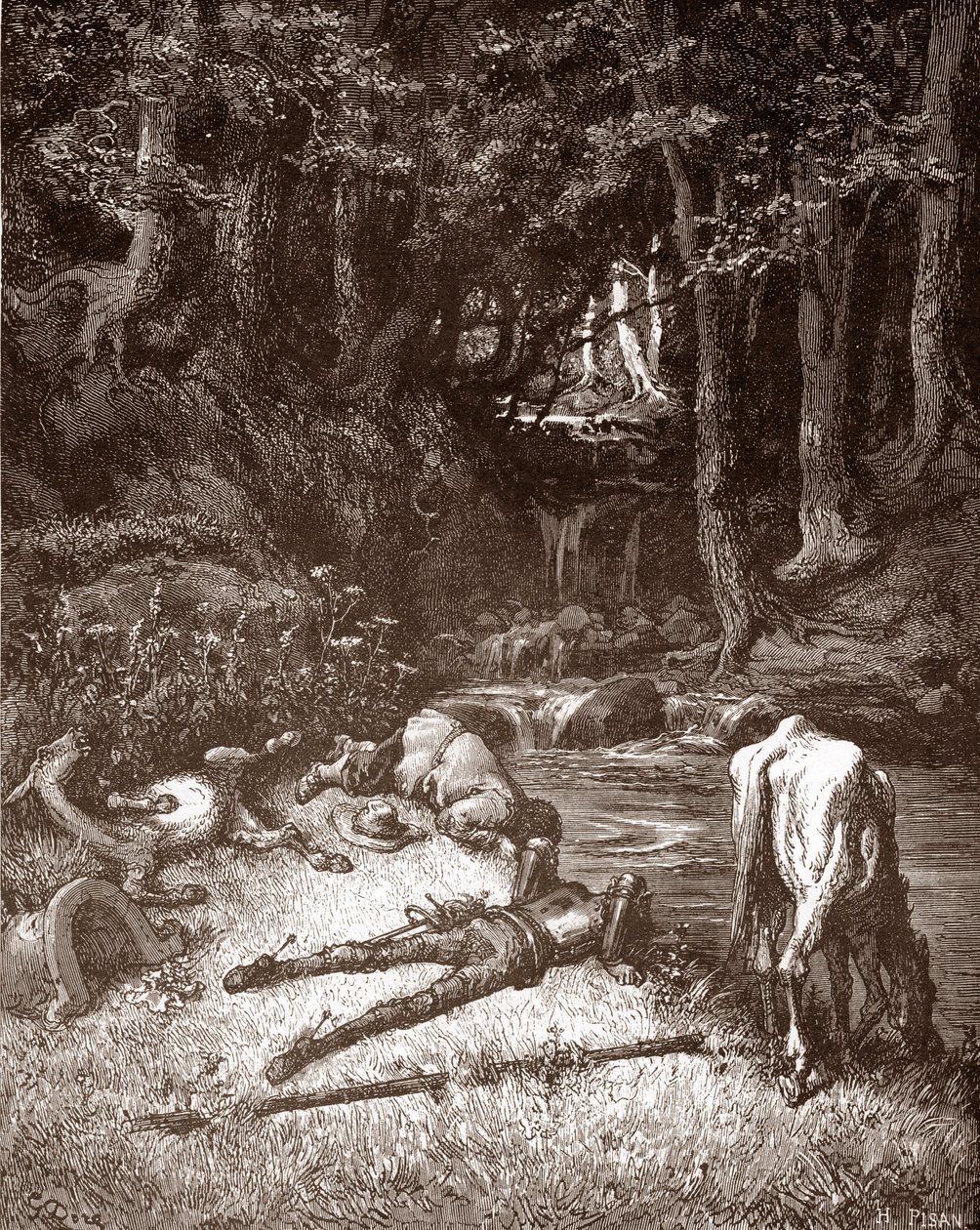 Don Chisciotte e Sancho Panza si rinfrescano a un ruscello, incisione di Gustave Doré per 