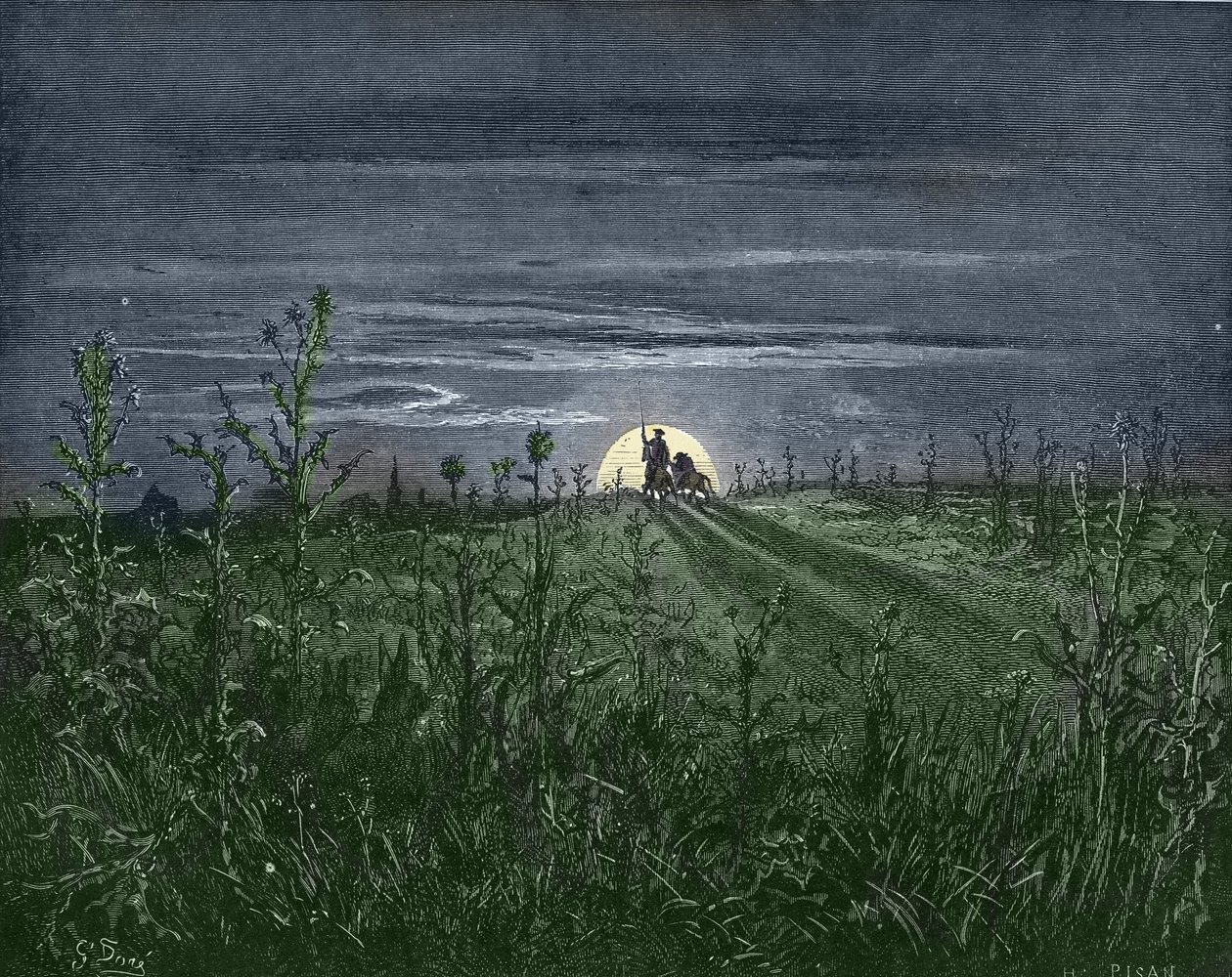 Don Chisciotte e Sancho, sulla strada per Toboso - da "Don Chisciotte della Mancia" di Miguel Cervantes - xilografia dopo un disegno di Gustave Dore da Gustave Dore