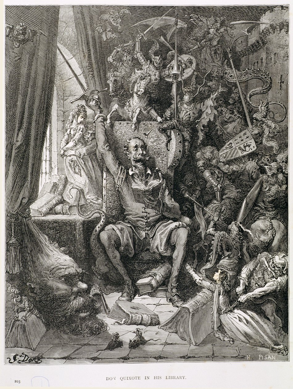 Don Chisciotte nella sua biblioteca, inciso da Heliodore Joseph Pisan (1822-90) c.1868 da Gustave Dore