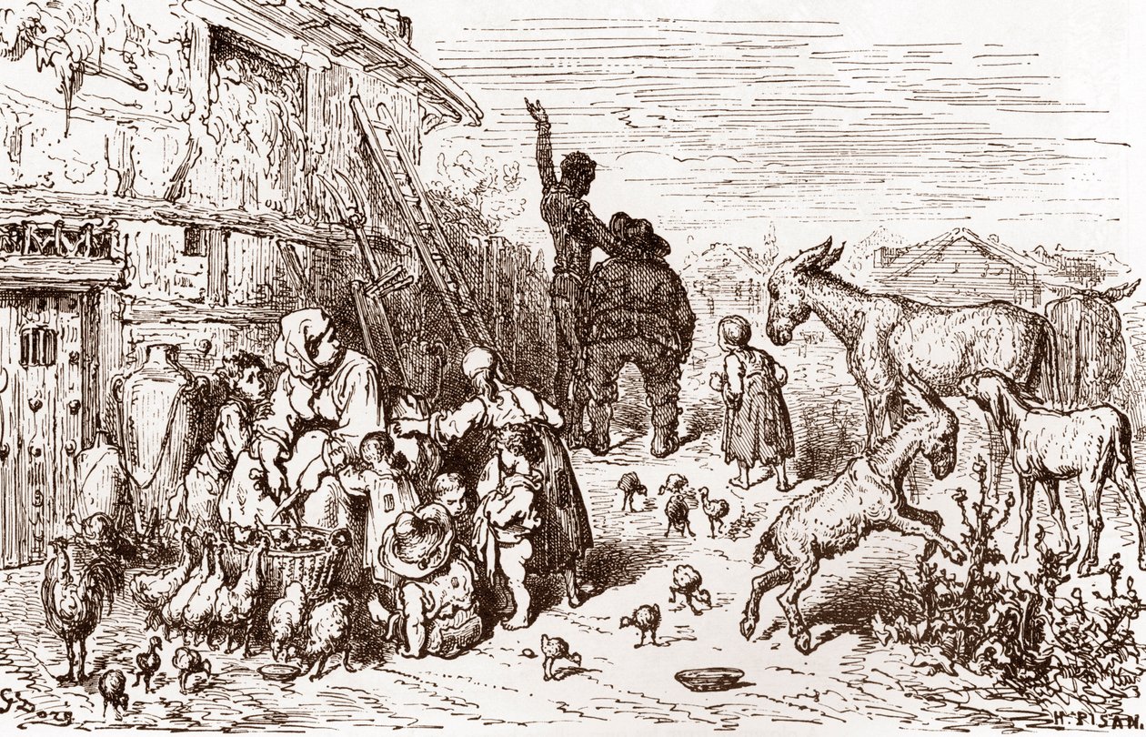 Don Chisciotte persuade il suo vicino Sancho Panza a diventare il suo scudiero, incisione di Gustave Doré per 