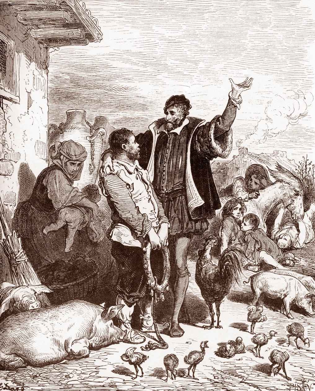 Don Chisciotte persuade il suo vicino Sancho Panza a diventare il suo scudiero promettendogli di farlo governatore di qualche isola conquistata Incisione di Gustave Doré (1832-1883) per 