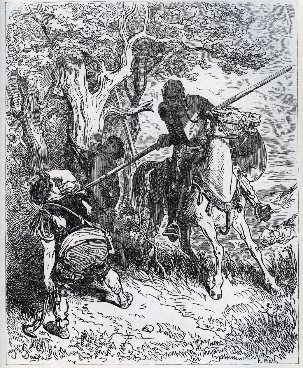 Don Chisciotte prende le parti del giovane valletto - "Per il sole che ci illumina, non so chi mi trattiene dal passare la mia lama attraverso il corpo" - da "Don Chisciotte della Mancia" di Miguel Cervantes (1547-1616) - xilografia dopo disegno di Gustave da Gustave Dore