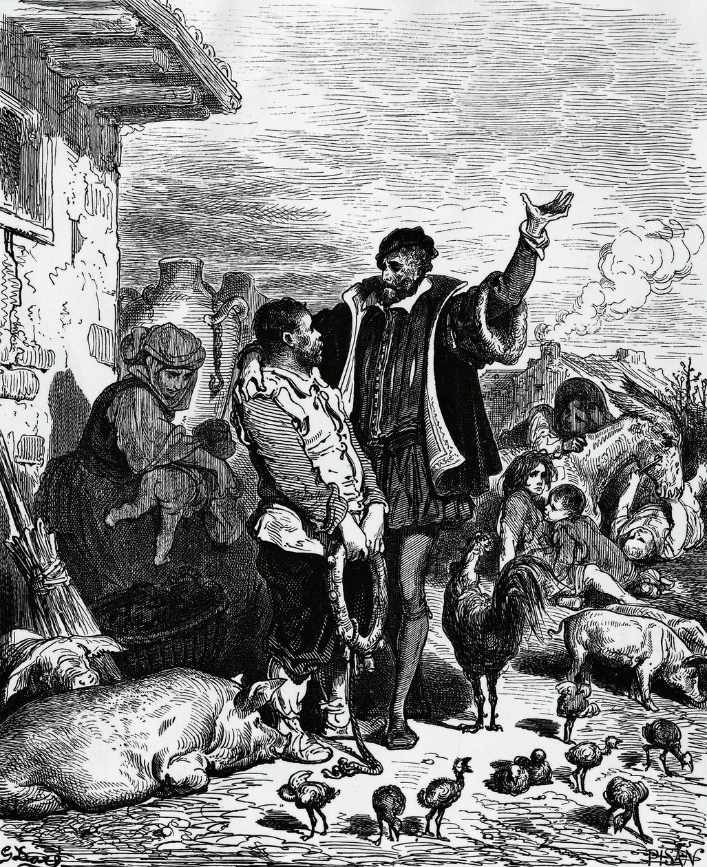 Don Chisciotte che porta via Sancho Panza dalla sua casa e lo nomina governatore, illustrazione di Gustave Doré (1832-1883) per l