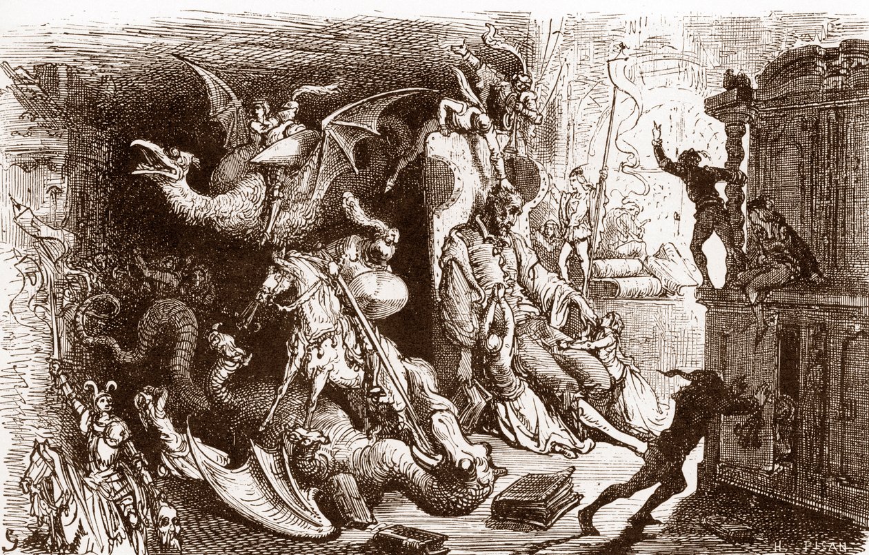Don Chisciotte pensa solo a imprese cavalleresche, incisione di Gustave Doré per 