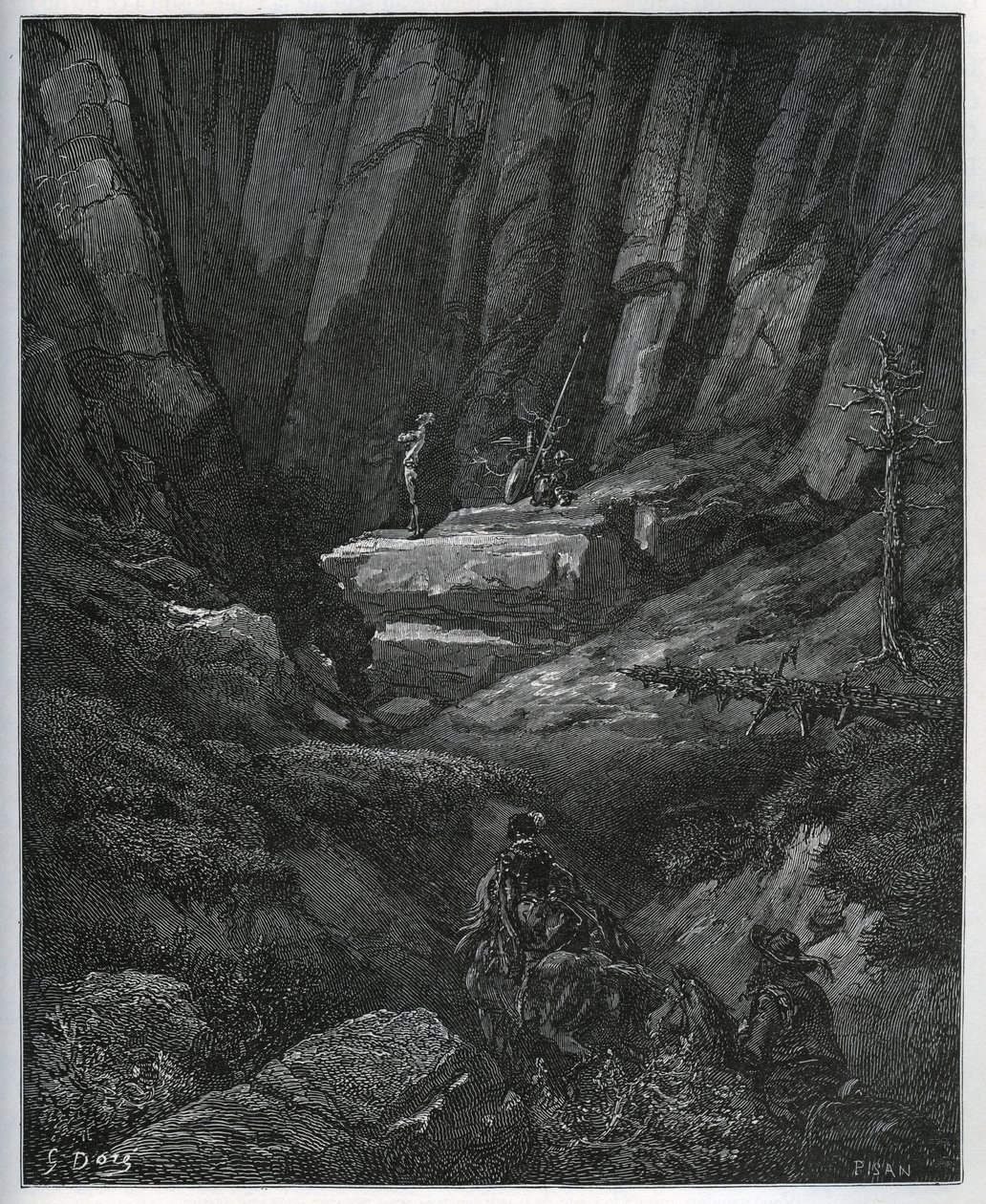 Dorothee e il barbiere vengono a prendere Don Chisciotte in penitenza - da “Don Chisciotte della Mancia” di Miguel Cervantes - xilografia dopo disegno di Gustave Doré da Gustave Dore
