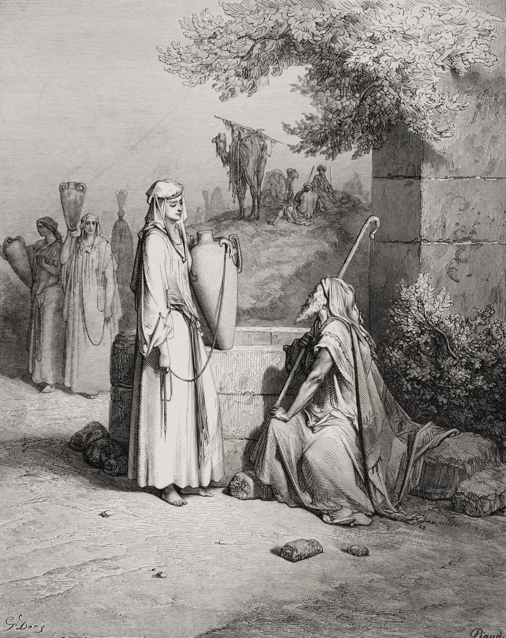 Eliezer e Rebecca, Genesi 24:15-21, illustrazione dalla 