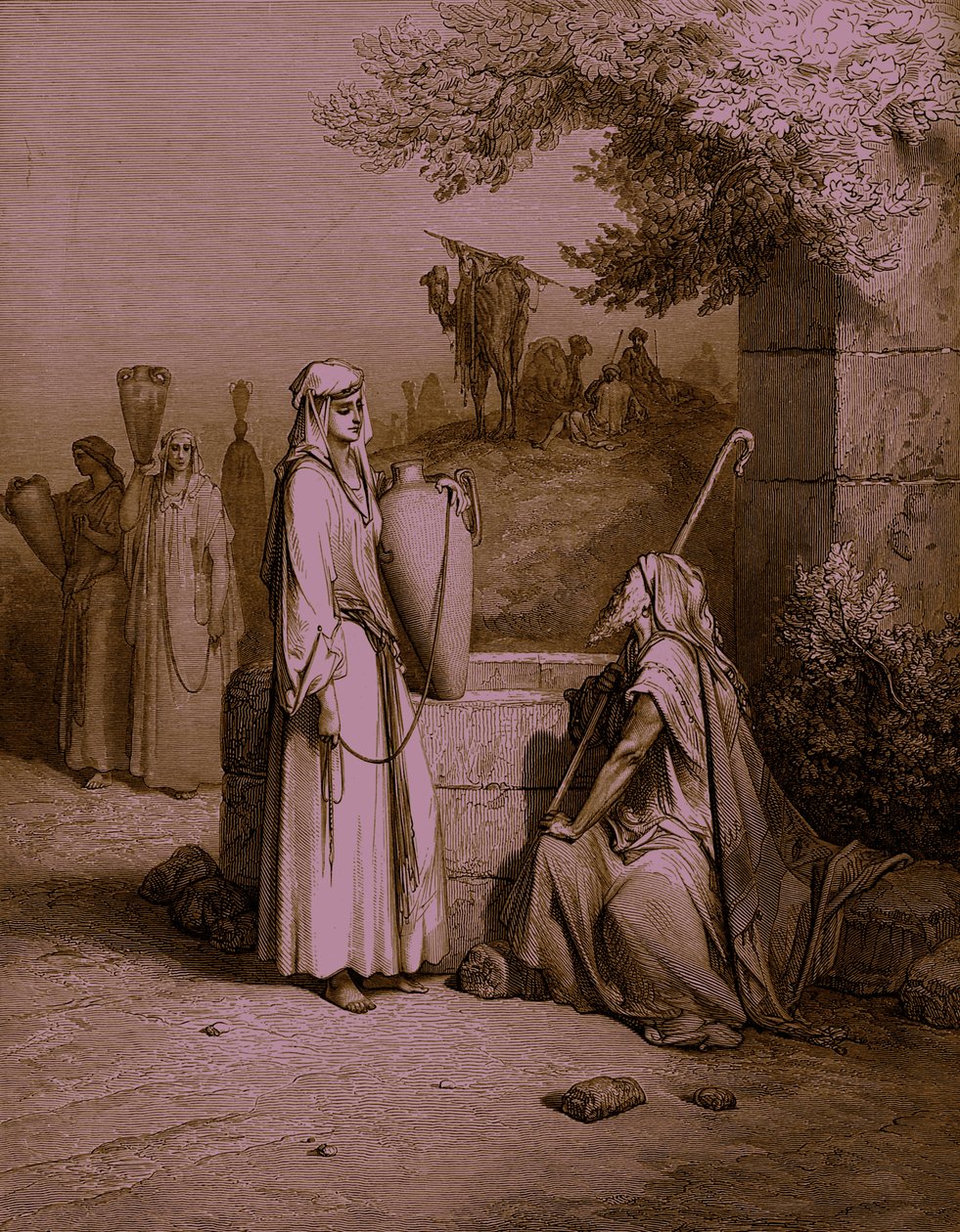 Eliezer e Rebecca, incisione - Bibbia da Gustave Dore