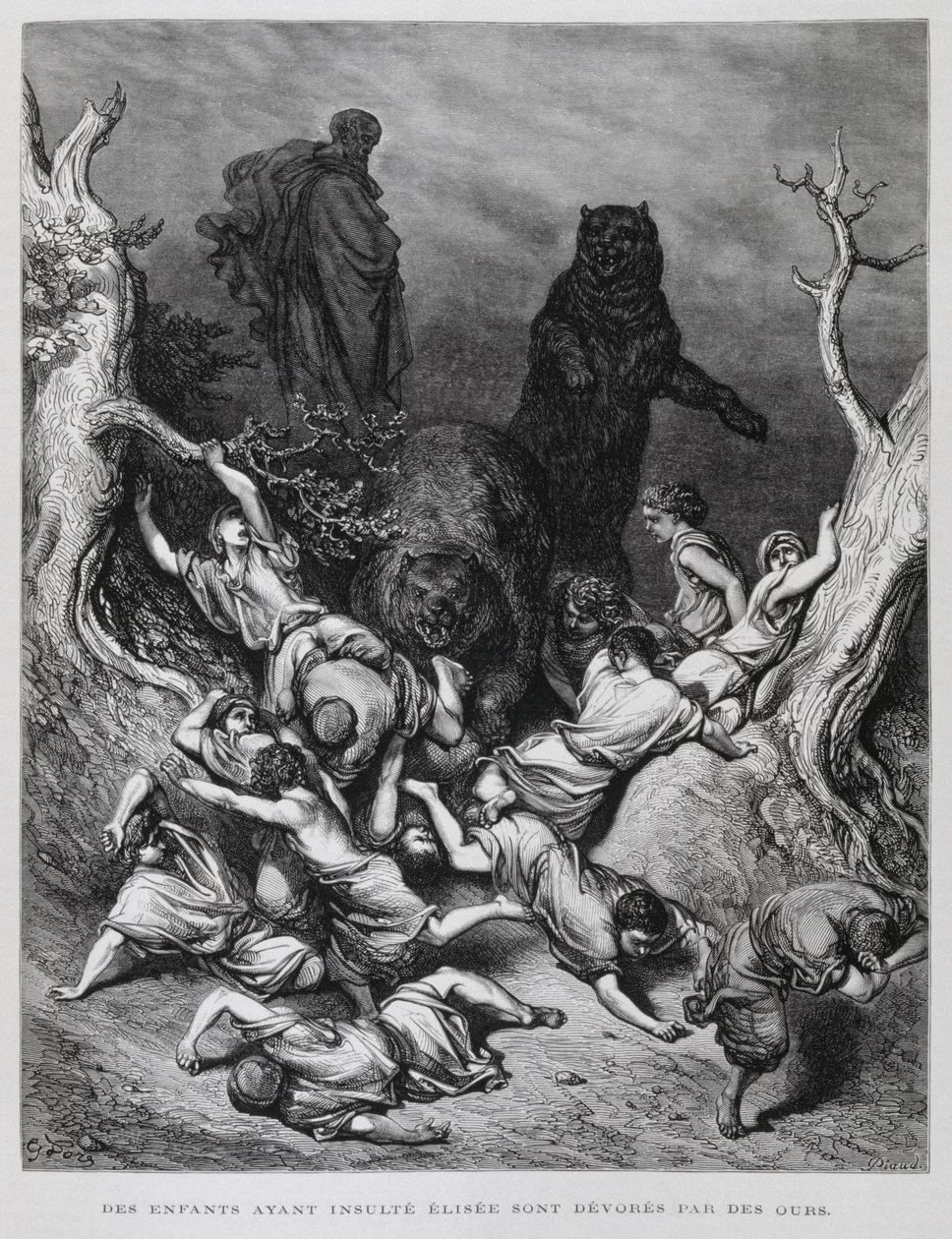 Eliseo guarda mentre i bambini vengono distrutti dagli orsi, Illustrazione dalla Bibbia di Doré da Gustave Dore