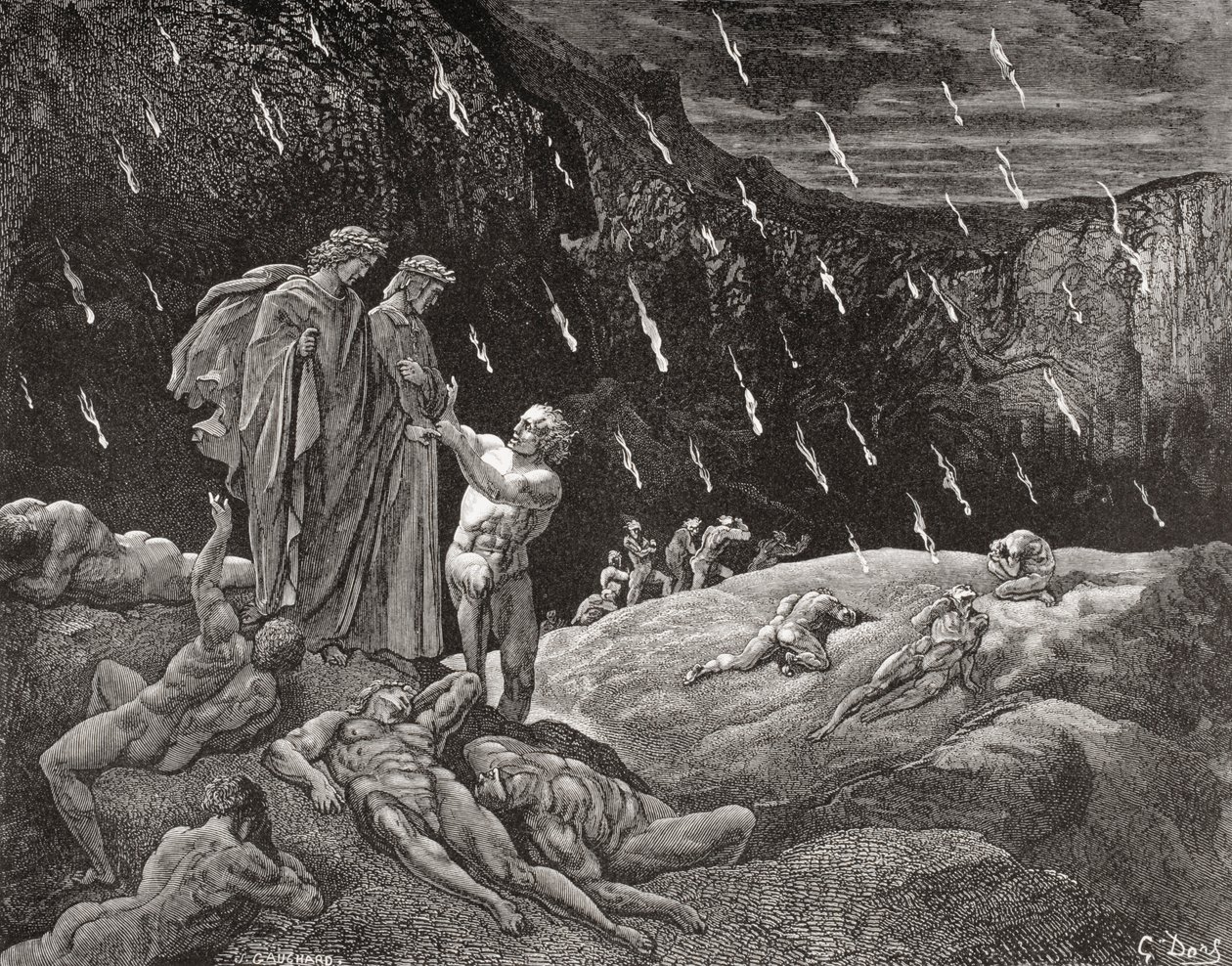 Incisione di Gustave Doré 1832-1883 artista e illustratore francese per Inferno di Dante Alighieri Canto XV versi 28 e 29 da Gustave Dore
