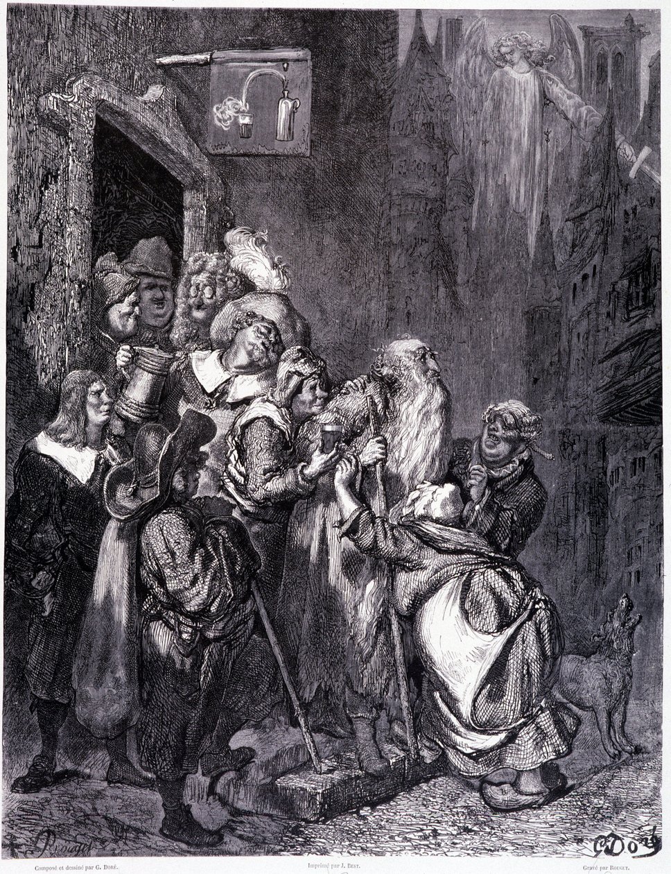 Entra in questa locanda, piatto IV - Illustrazione di Gustave Doré per La leggenda del Giudeo errante di Pierre Dupont, edizione Librairie du magasin pittoresque, Parigi 1862 da Gustave Dore