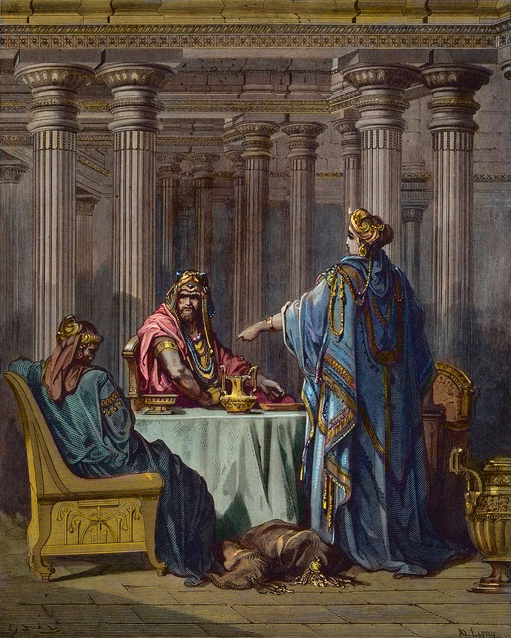Ester accusa Aman - scene bibliche, Ester e Aman, incisione su legno di Gustave Doré - colorazione successiva da Gustave Dore
