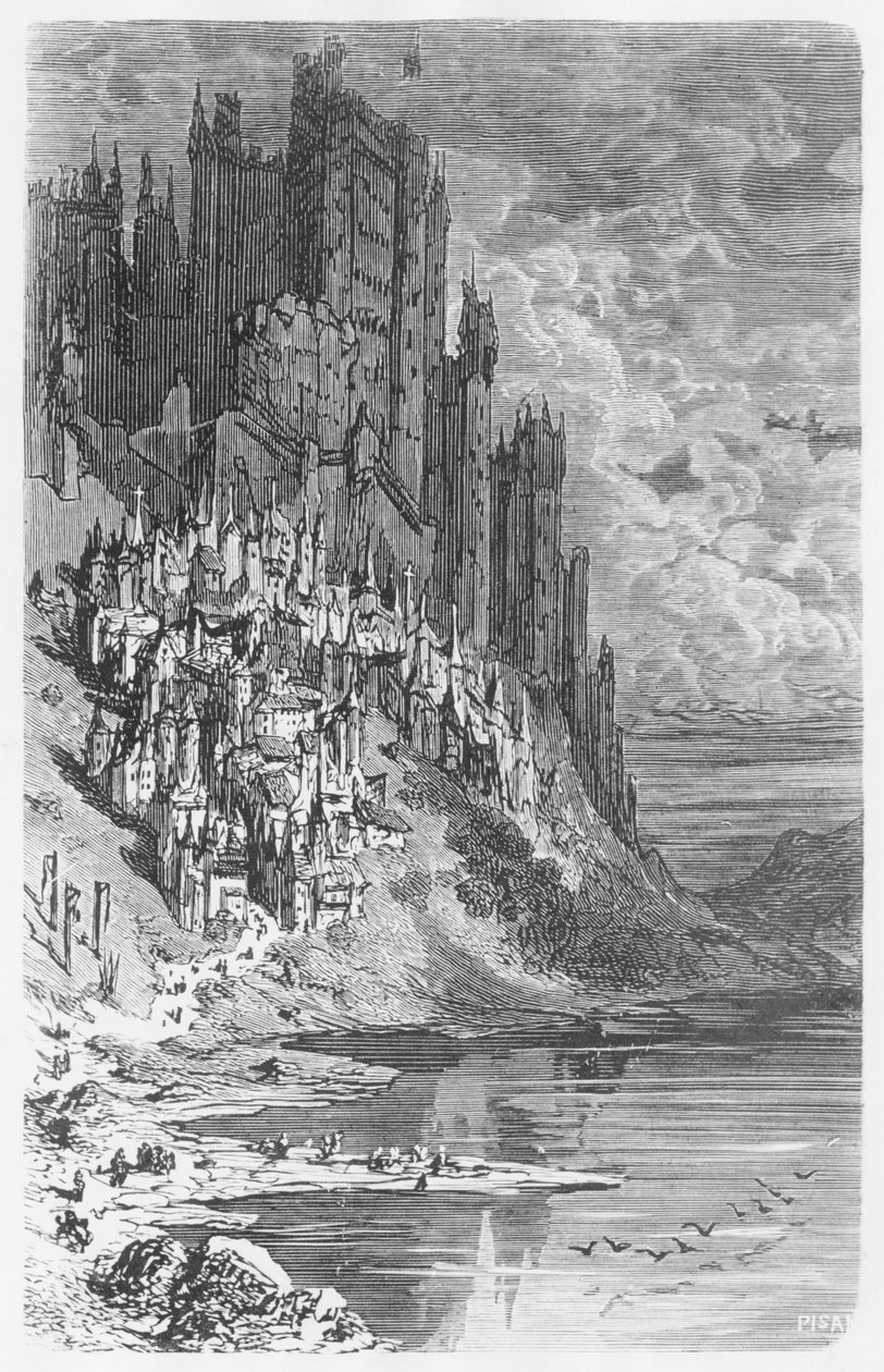 Paesaggio fantastico con città e castello, illustrazione da 