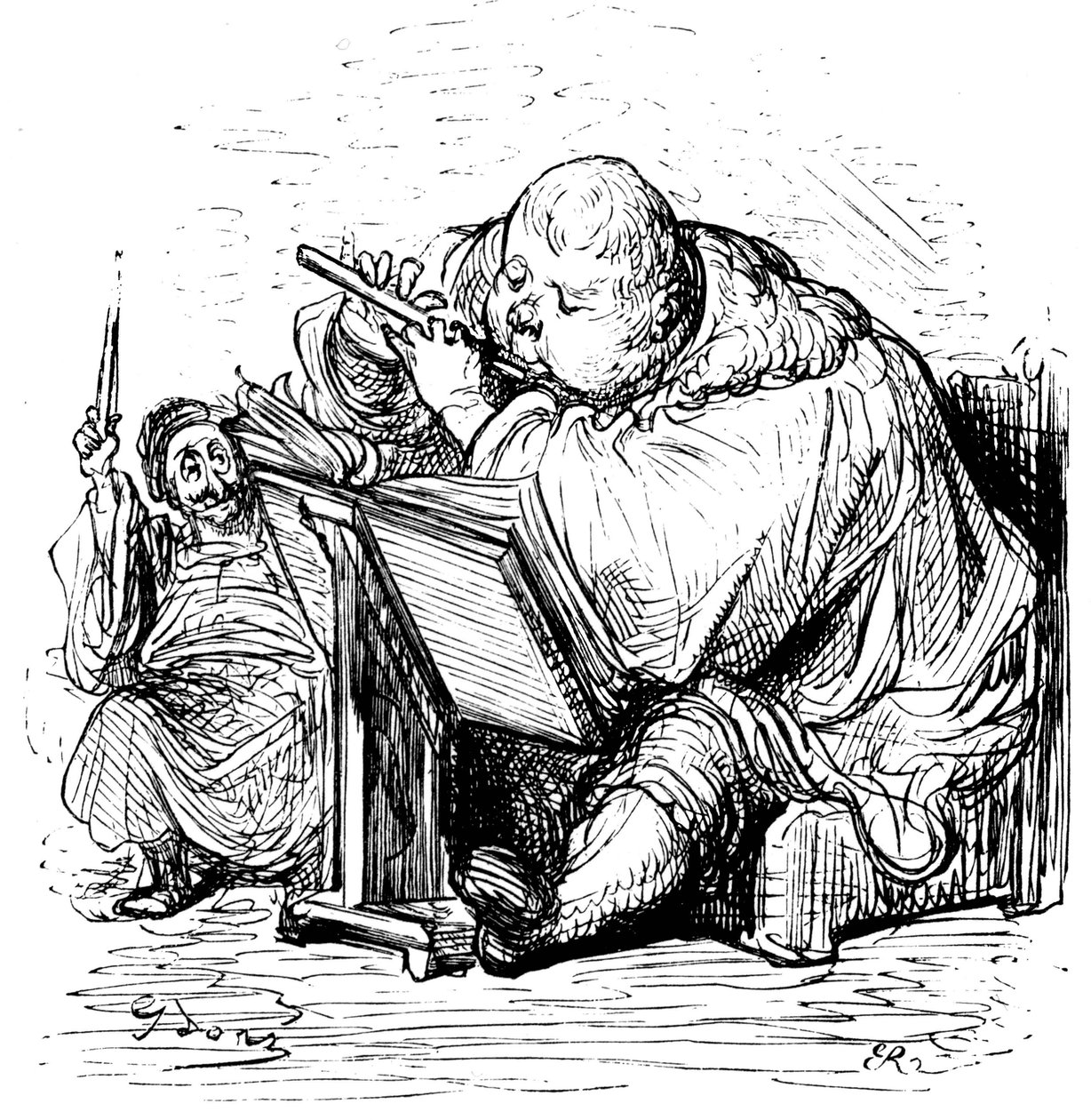 Educazione di Gargantua: il giovane gentiluomo impara a suonare il flauto con il suo insegnante di musica. Incisione di Gustave Doré che illustra l