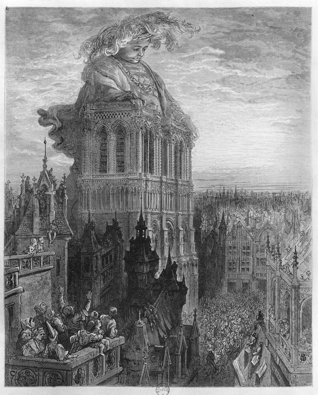 Gargantua sulle torri di Notre-Dame a Parigi, illustrazione da 