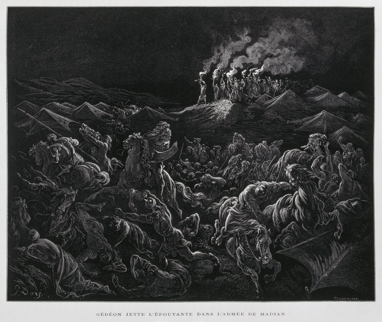 Gedeone attacca i Madianiti di notte, Illustrazione dalla Bibbia di Doré da Gustave Dore