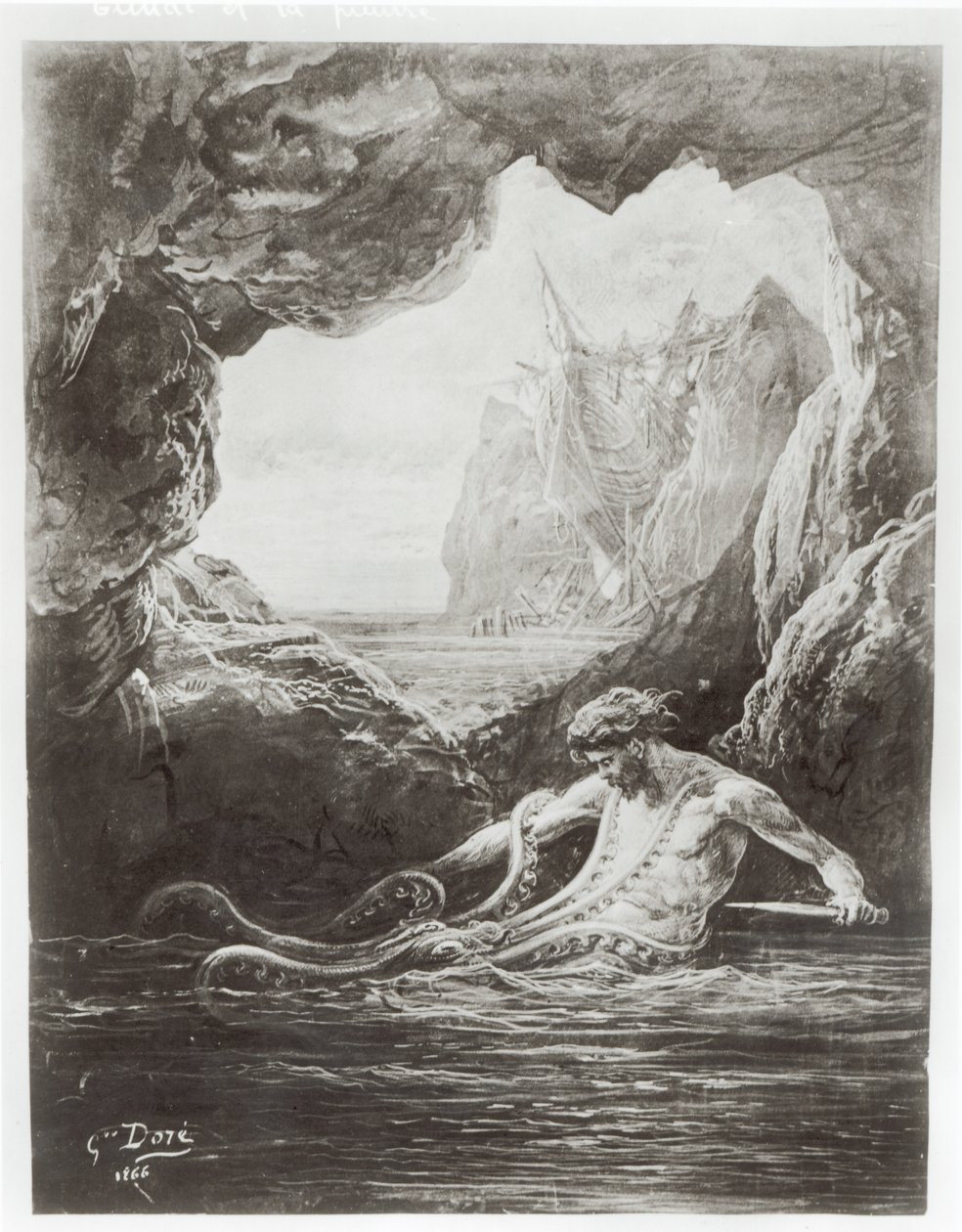 Gilliatt lotta con il polpo gigante, illustrazione da 
