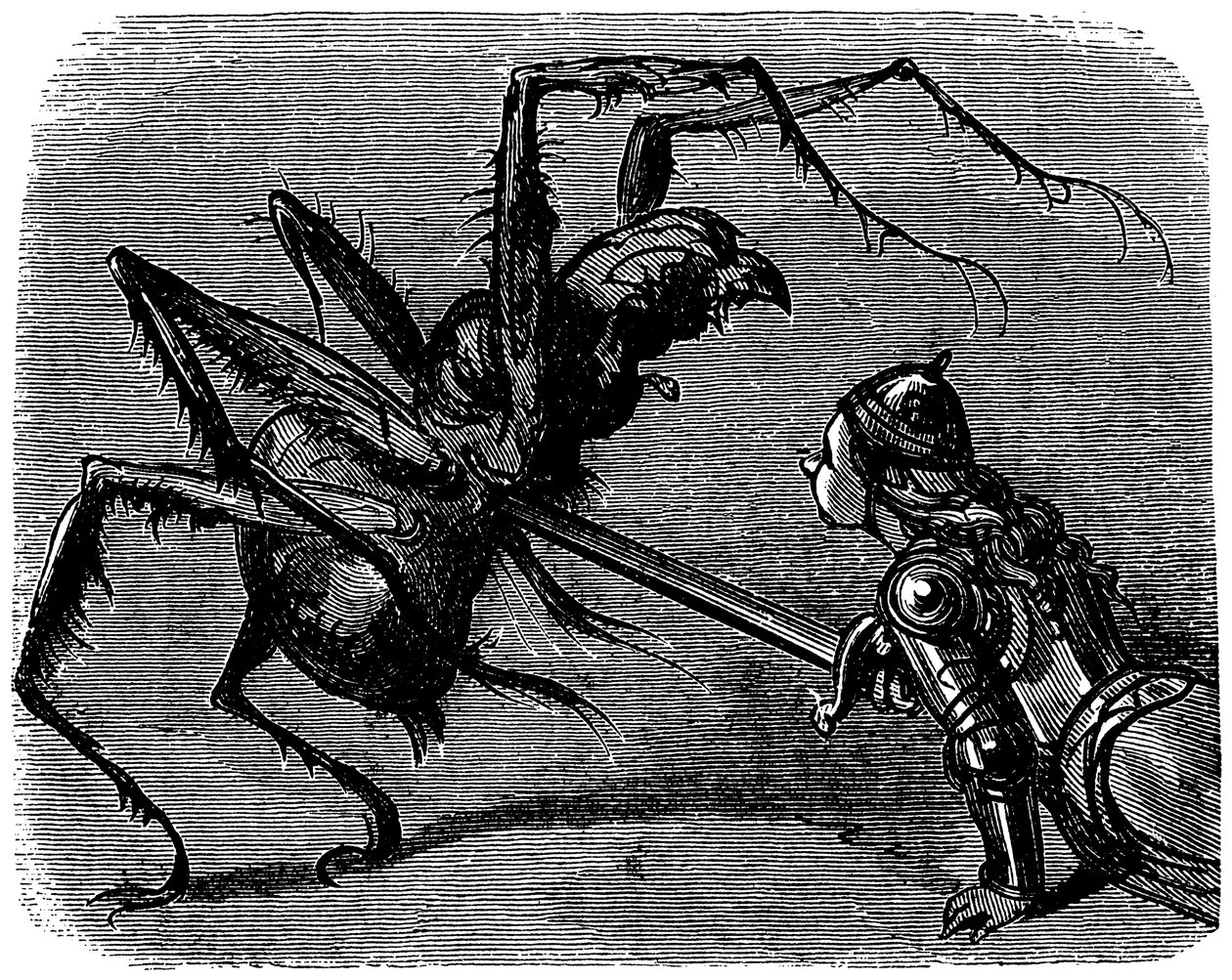 Illustrazione di Gustave Doré (1832-1883) per il libro di Ernest Lepine "La leggenda di Croquemitaine" (1863) - Davanti a questa immagine di combattimento con la spada contro un gigantesco ragno, non si può fare a meno di pensare alla battaglia di Frodo e  da Gustave Dore