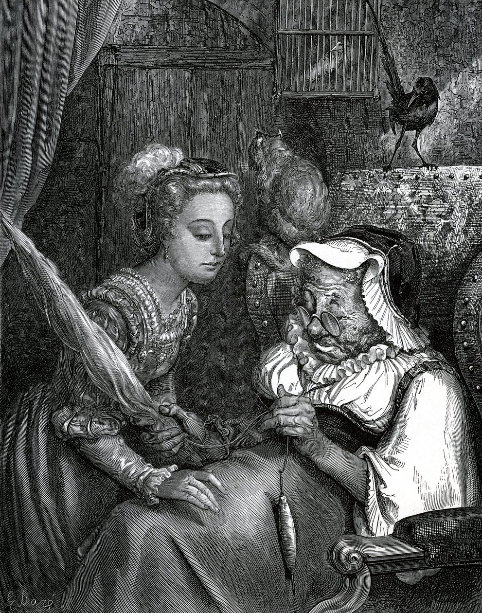 Illustrazione di Gustave Doré per una fiaba di Charles Perrault: La bella addormentata. La principessa si pungerà con il fuso di una vecchia che fugge. da Gustave Dore