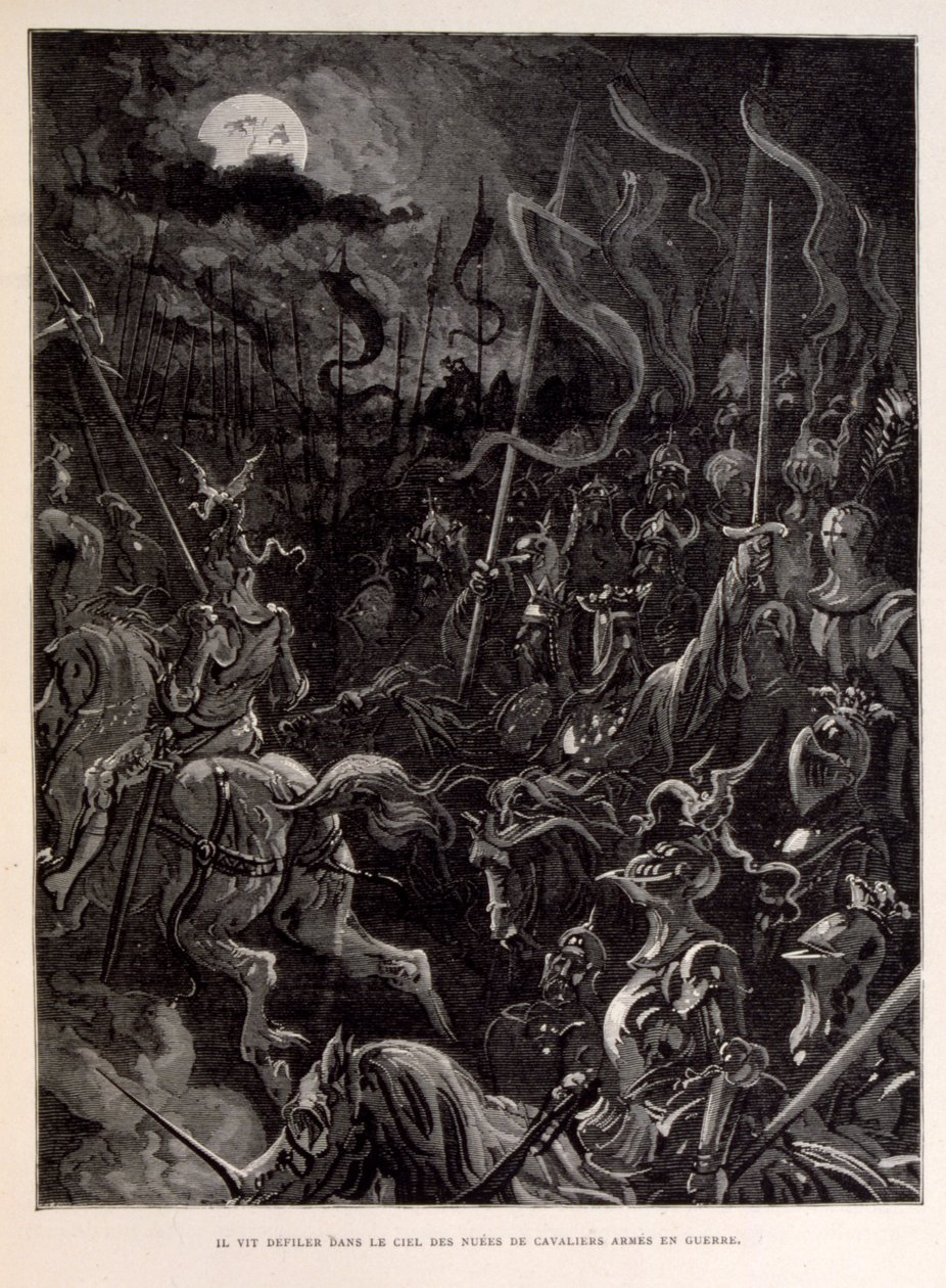 Illustrazione di cavalieri in battaglia durante una serata al chiaro di luna da Gustave Dore
