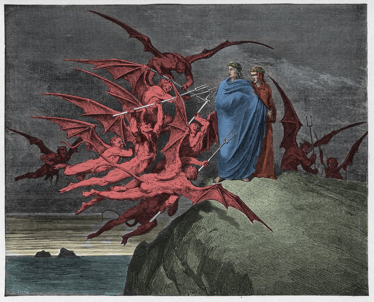 Inferno, Canto 21: I demoni minacciano Virgilio, illustrazione da "La Divina Commedia" di Dante Alighieri, 1885 da Gustave Dore