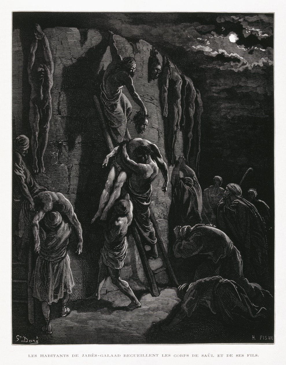 Gli abitanti di Jabesh recuperano i corpi di Saul e dei suoi figli, Illustrazione dalla Bibbia di Doré da Gustave Dore