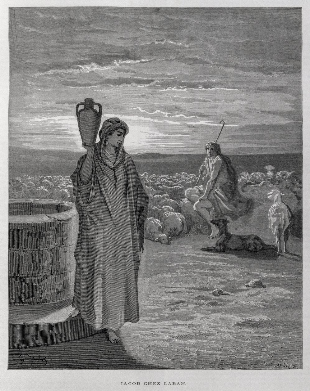 Giacobbe vede Rachele al pozzo della casa di Labano, Illustrazione dalla Bibbia di Doré da Gustave Dore