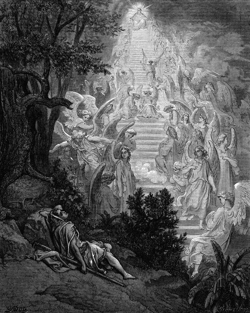 Il sogno di Giacobbe di una scala che conduce al cielo con Dio in cima, 1865-1866 da Gustave Dore