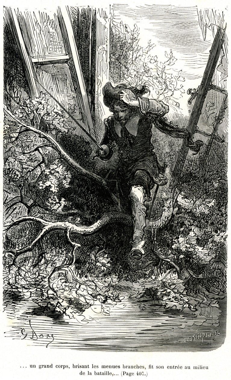 Jacquemin Lampourde, con la pistola in mano, arrivò a un punto della battaglia. Incisione di Gustave Doré che illustra il romanzo picaresco di cappa e spada di Théophile Gautier "Il capitano Fracassa", edizione Charpentier 1863 da Gustave Dore
