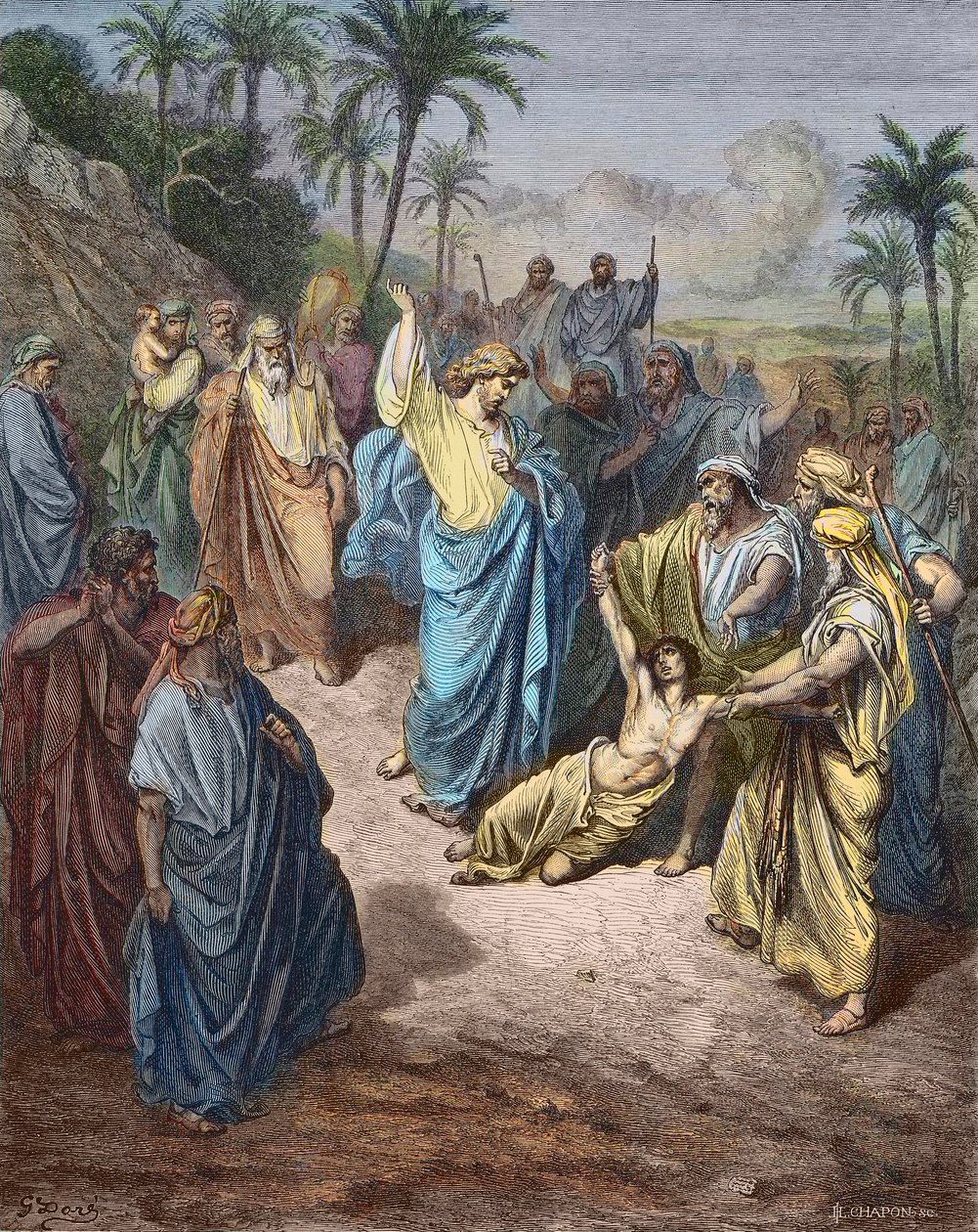 Gesù Cristo guarisce un giovane posseduto dal demonio - Gesù guarisce il lunatico - Incisione a colori su disegno di Gustave Doré da Gustave Dore
