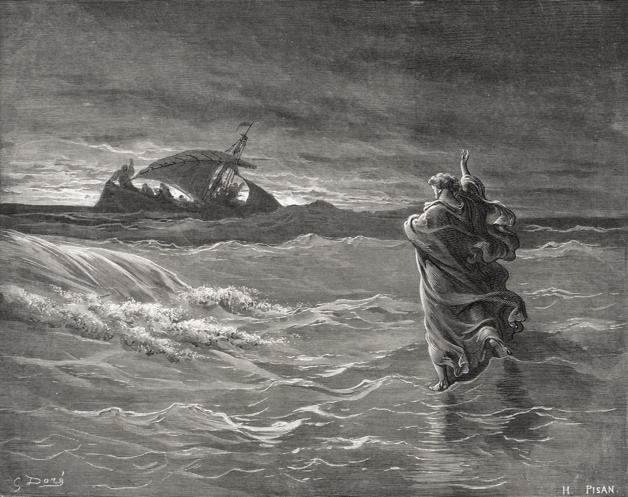 Gesù cammina sul mare, Giovanni 6:19-21, illustrazione dalla 