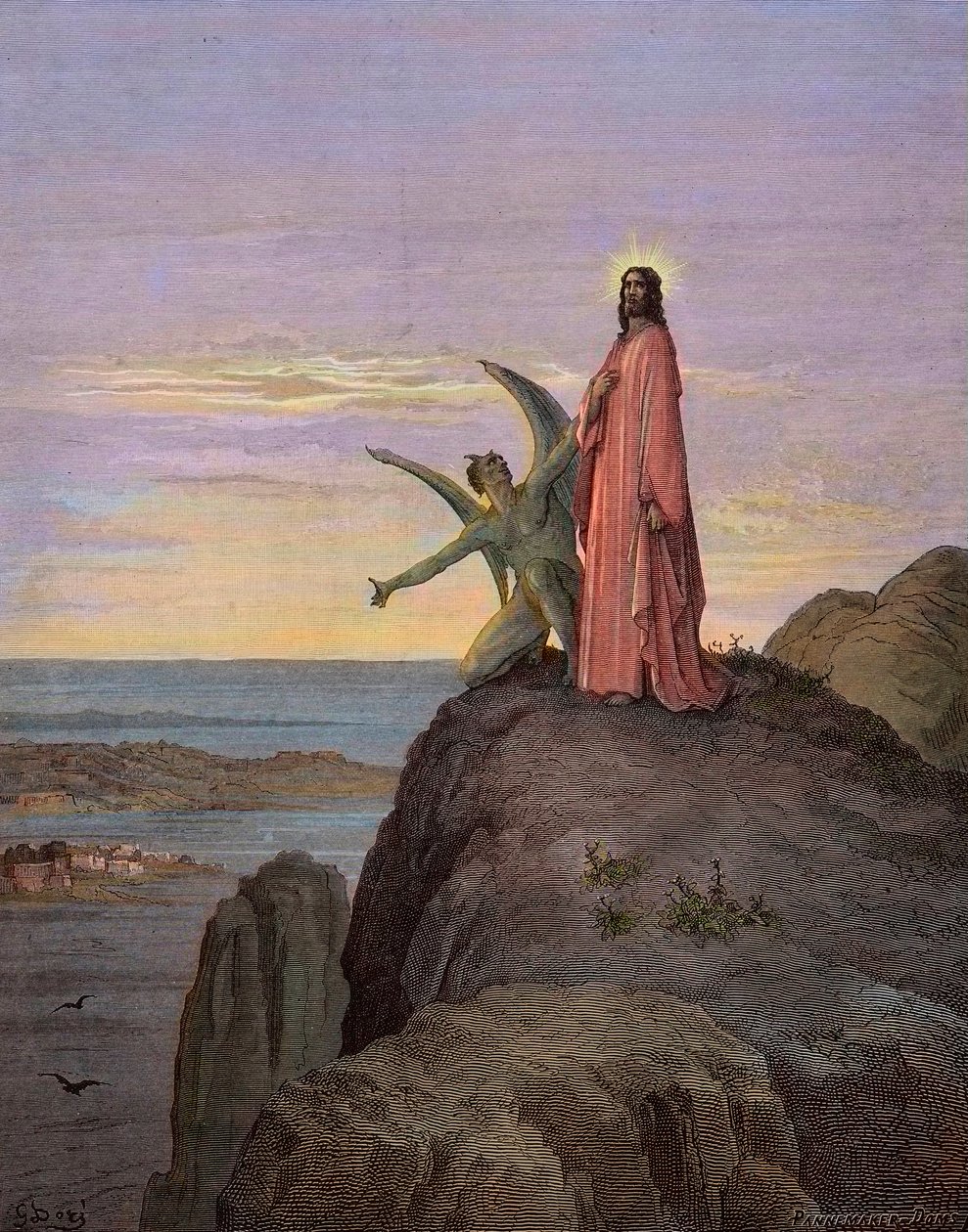 Gesù nel deserto, sottoposto alla tentazione del diavolo - La tentazione di Cristo - Satana tentò Gesù - incisione di Gustave Doré - colorazione successiva da Gustave Dore