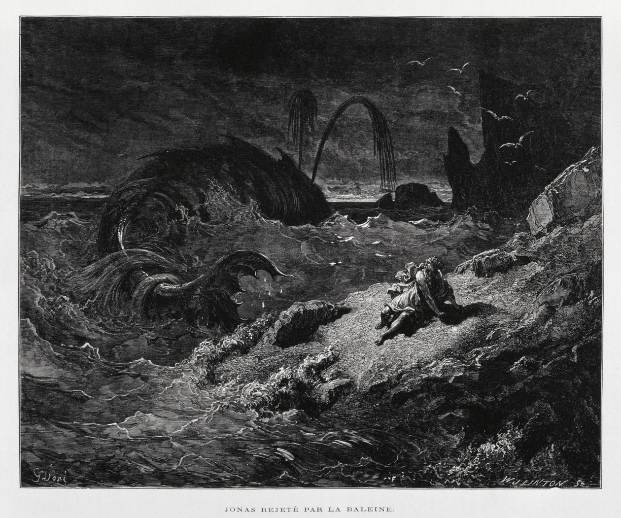 Giona espulso sulla terraferma dalla balena, illustrazione dalla Bibbia di Doré da Gustave Dore