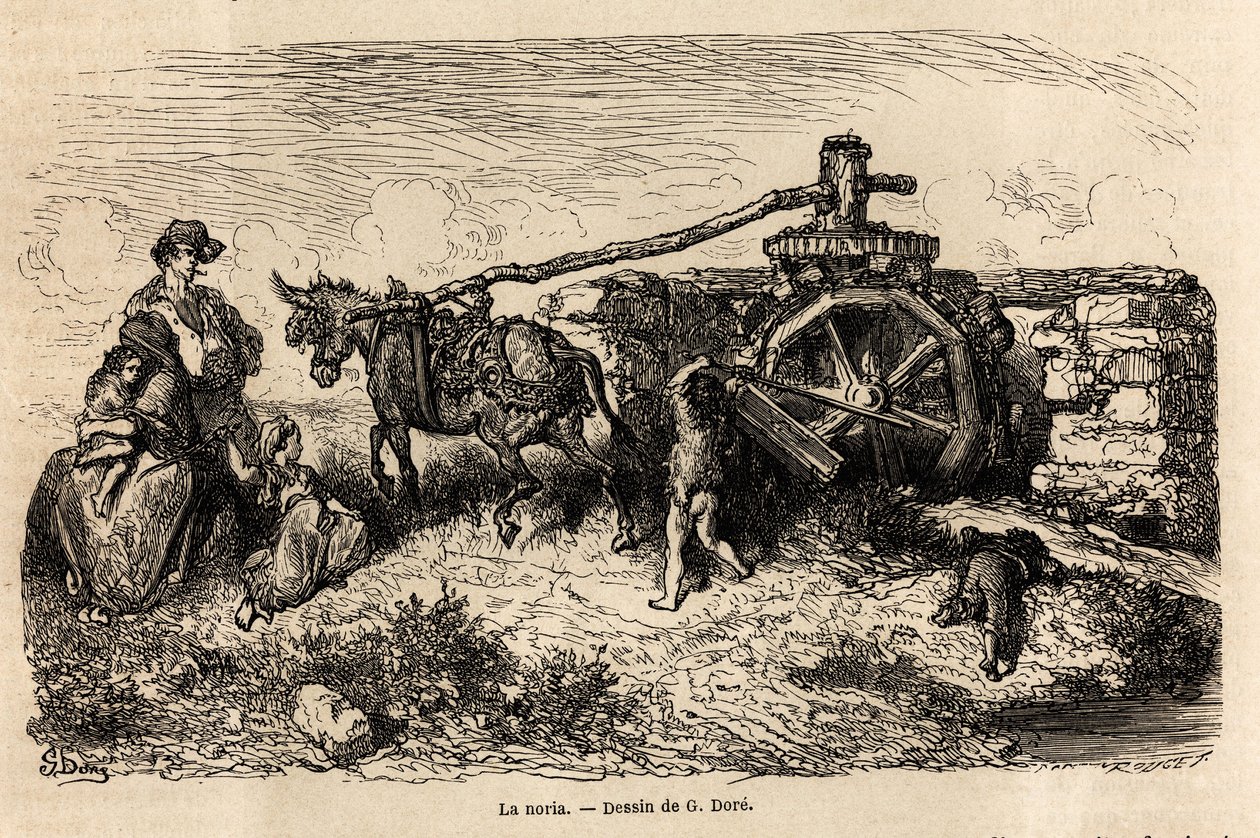 La noria, disegno di Gustave Doré, per illustrare il suo viaggio in Spagna con C. Davillier, nel 1862. Incisione in "Le tour du monde" da Gustave Dore
