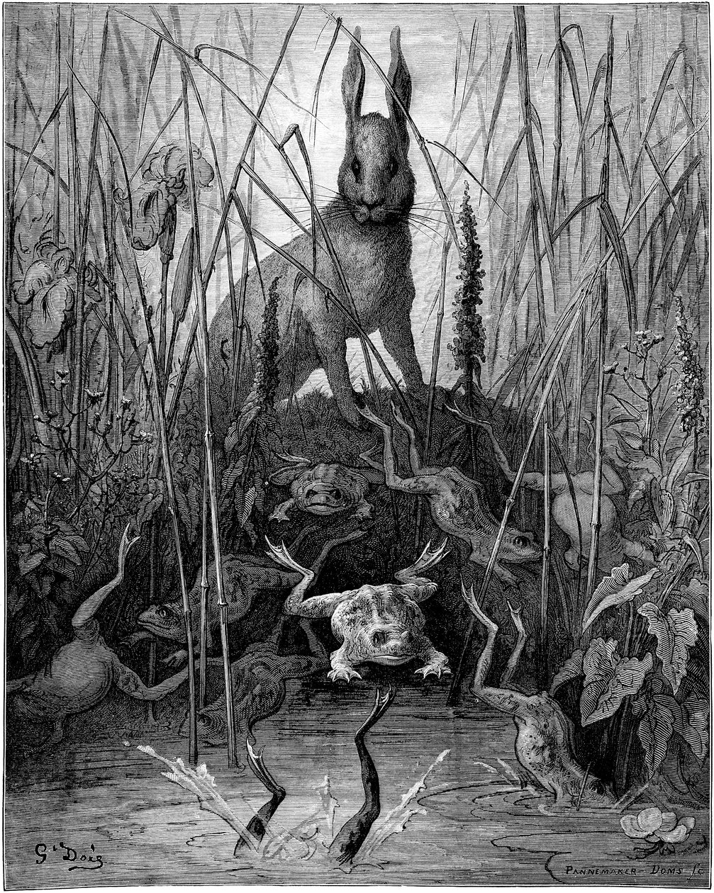 Le lepre e le rane: favola di Jean de la Fontaine illustrata da Gustave Doré - La lepre e le rane da Gustave Dore