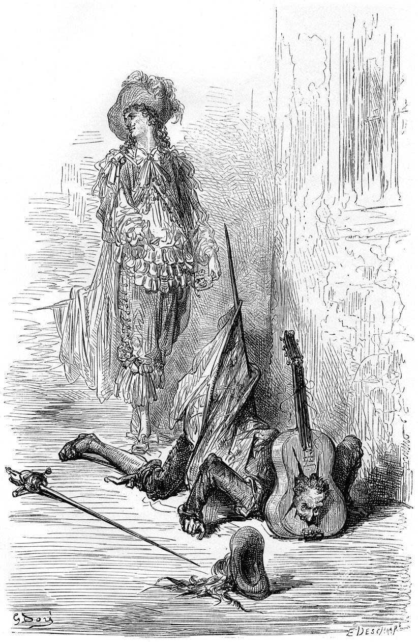 Leandro ha appena rotto una chitarra sulla testa di Matamoro, illustrazione per "Capitan Fracassa" da Gustave Dore