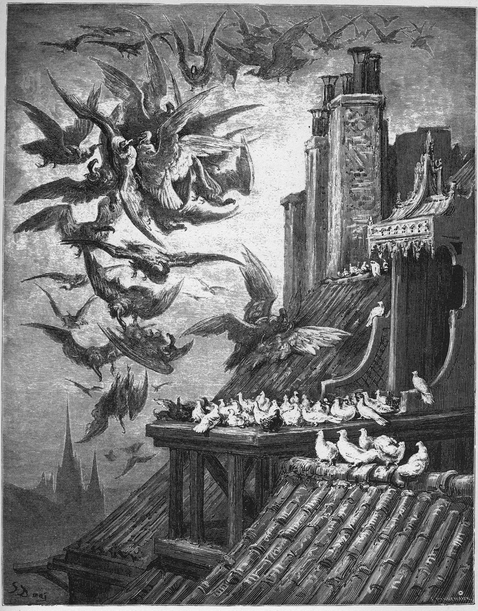 Gli avvoltoi e i piccioni - da "Favole" di Jean de La Fontaine da Gustave Dore