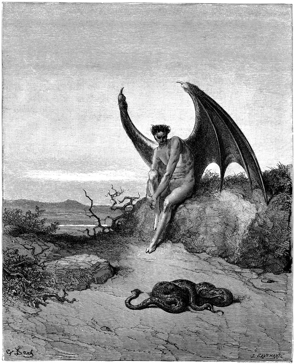 Lucifero (Satana, angelo caduto dal cielo sulla Terra) incontra il serpente. Illustrazione di Gustave Doré per 