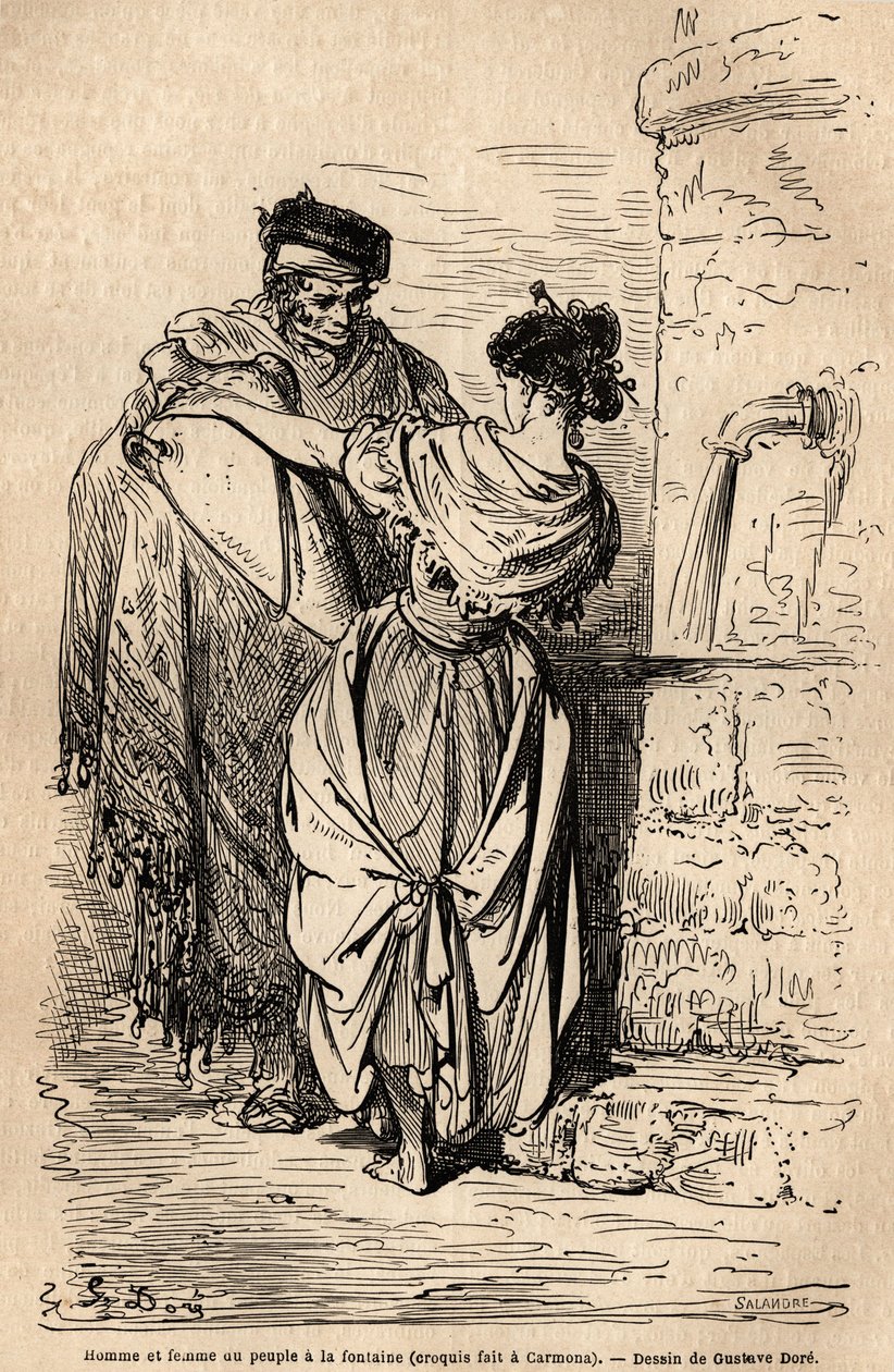 Uomo e donna del popolo alla fontana, a Carmona, villaggio vicino a Siviglia. Schizzo dal vivo di Gustave Dore (1832-1883). Incisione per illustrare il viaggio in Spagna, nel 1862 di Charles Davillier e Gustave Dore, in "Le tour du monde, nouveau da Gustave Dore