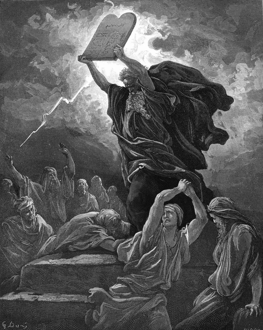Mosè rompe le tavole della legge, incisione. - Bibbia da Gustave Dore