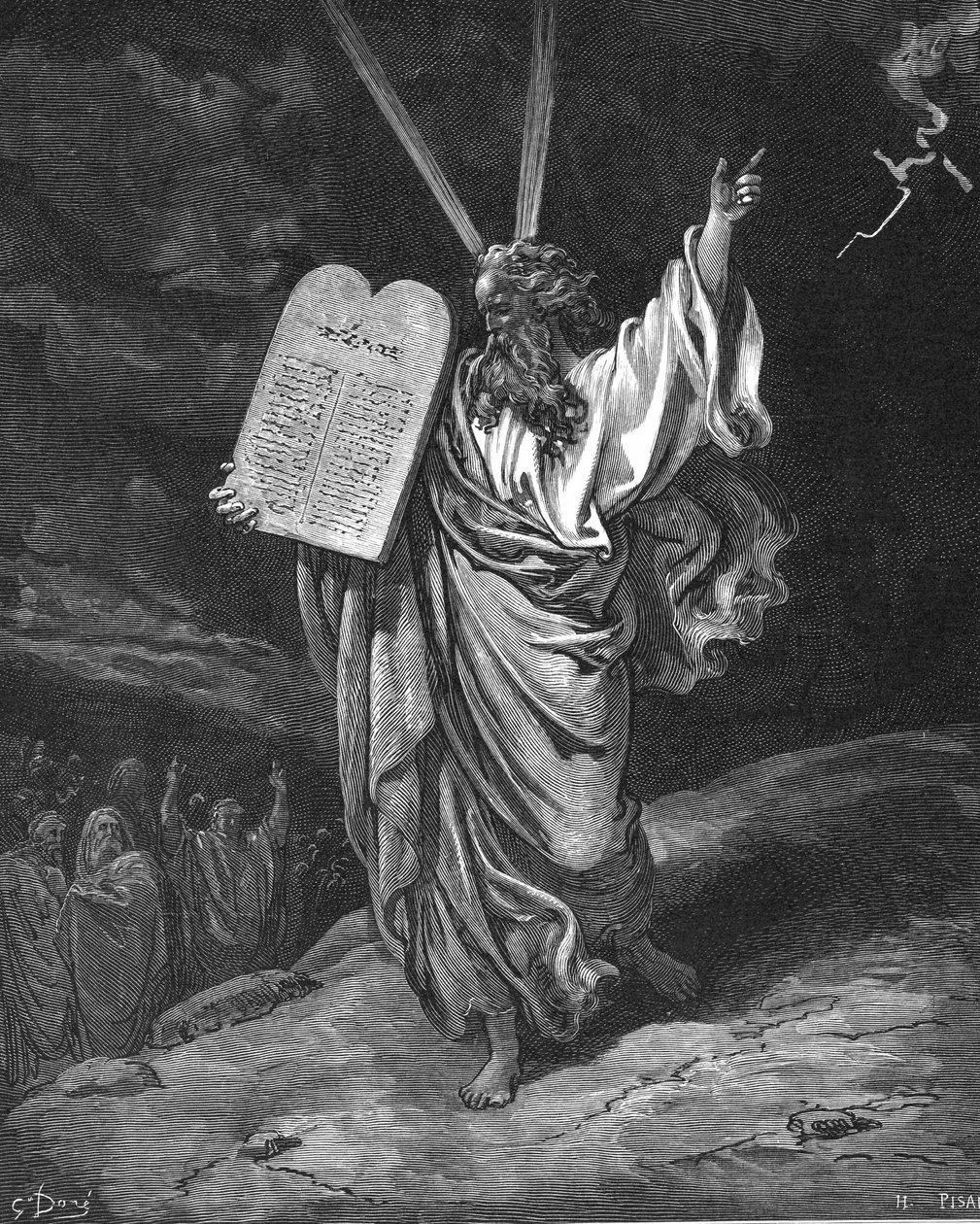 Mosè scende dal Monte Sinai con le tavole della legge (Dieci Comandamenti). Esodo 5.35. Illustrazione di Gustave Doré per La Bibbia (Londra 1866). Incisione su legno. da Gustave Dore