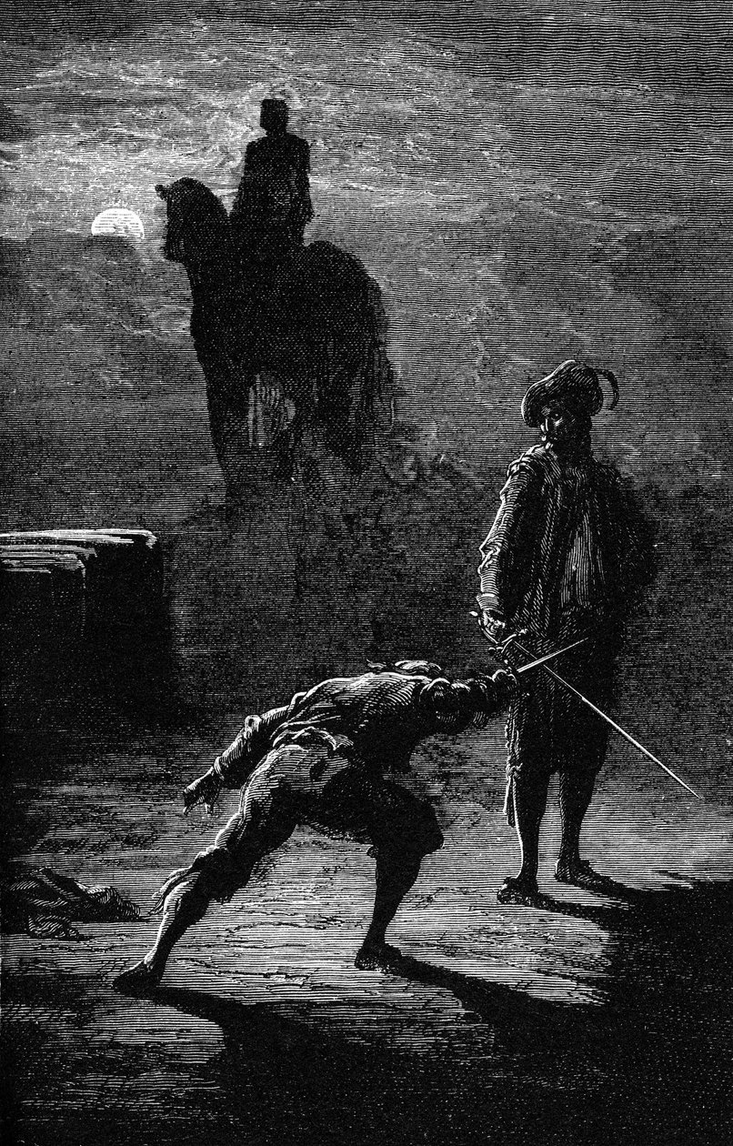 Duello notturno al chiaro di luna tra il Barone de Sigognac e Jacquemin Lampourde, sotto la statua equestre del Re di Bronzo. Incisione di Gustave Doré che illustra il romanzo di Théophile Gautier 