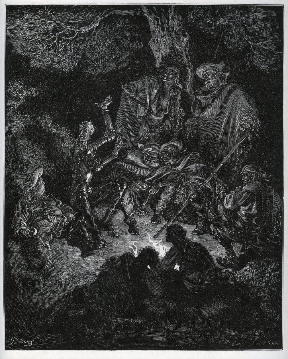Luce notturna dove Don Chisciotte racconta la storia del mondo alle capre e a Sancho Panza - da "Don Chisciotte della Mancia" di Miguel Cervantes (1547-1616) - xilografia dopo disegno di Gustave Doré. da Gustave Dore