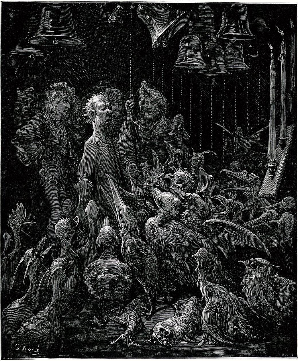 Panurge fa cantare gli uccelli suonando le campane - illustrazione di Gustave Doré per le opere complete di François Rabelais - Quinto libro - Pantagruel da Gustave Dore